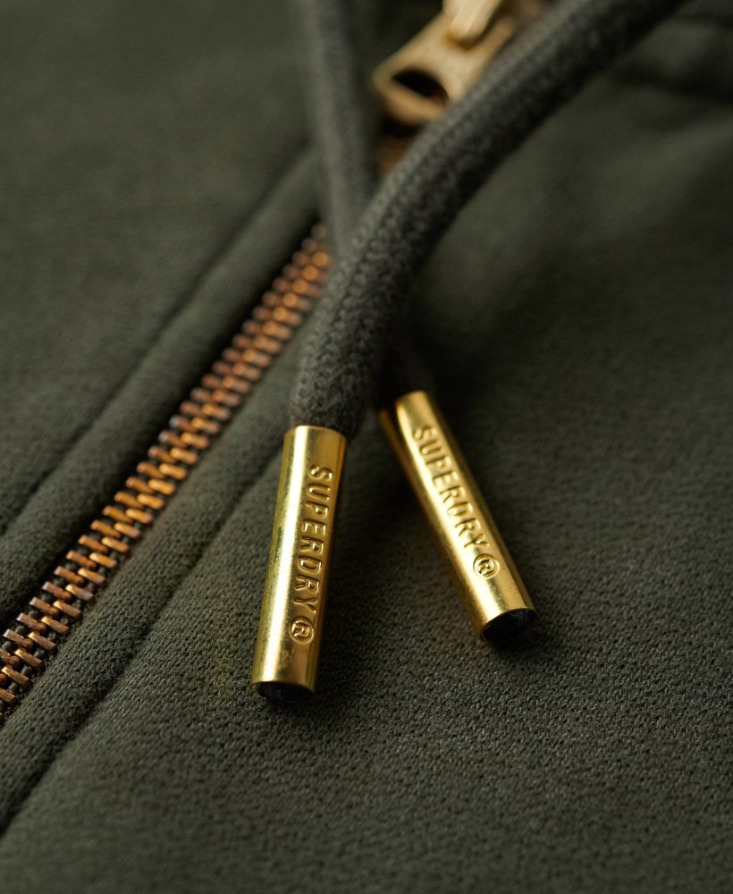 moletom com zíper e detalhes em strass na cor cáqui militar.