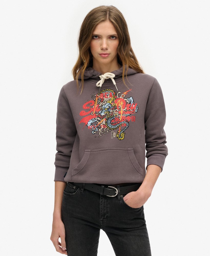 moletom com capuz tokyo vintage logo graphic na cor cinza escuro rock
