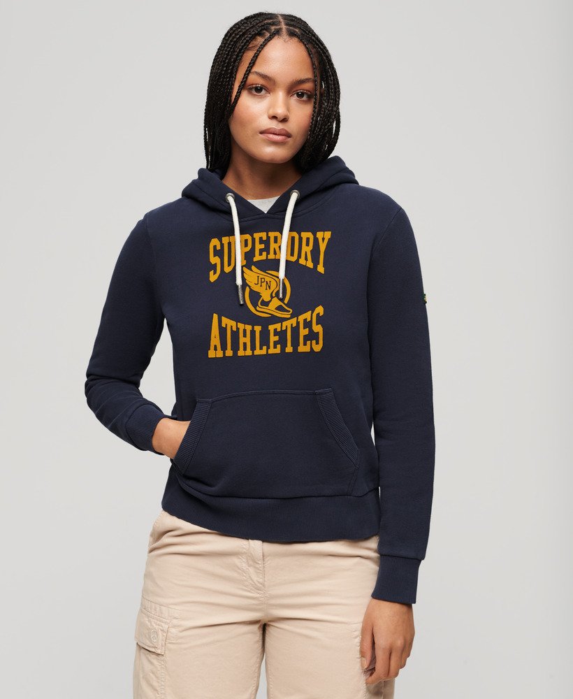 moletom com capuz varsity flocked graphic na cor azul marinho escuro