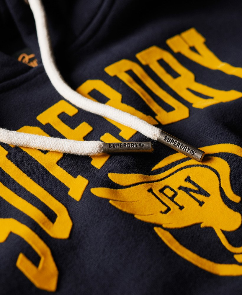 moletom com capuz varsity flocked graphic na cor azul marinho escuro