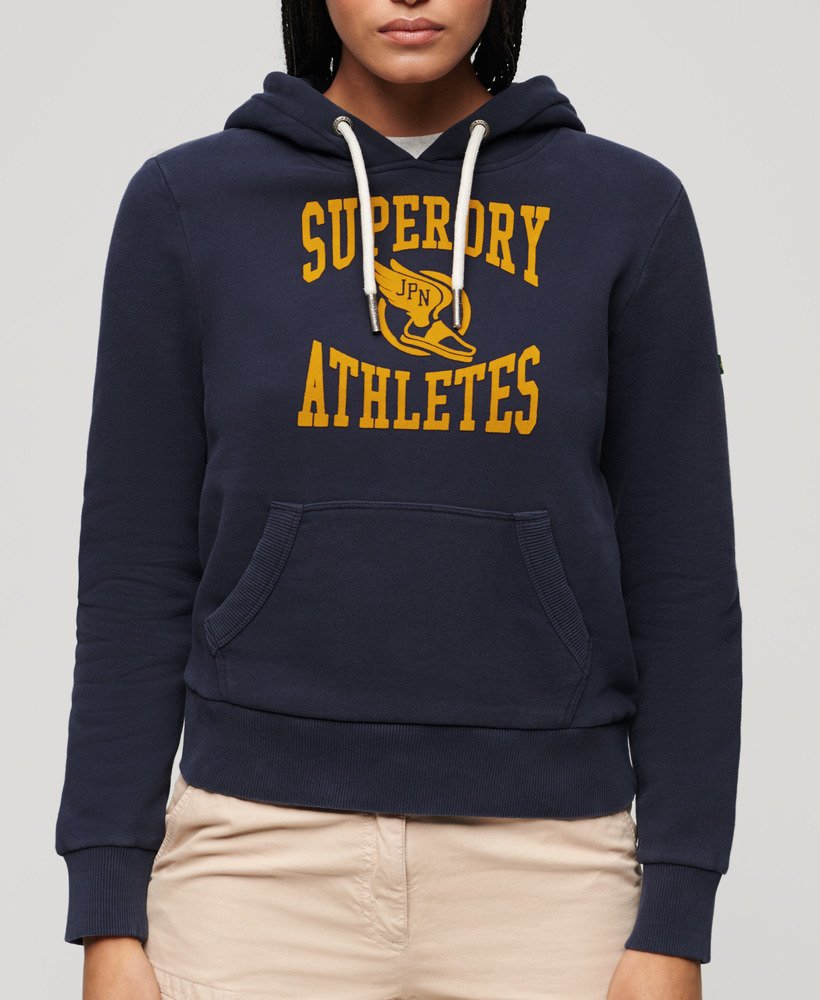 moletom com capuz varsity flocked graphic na cor azul marinho escuro