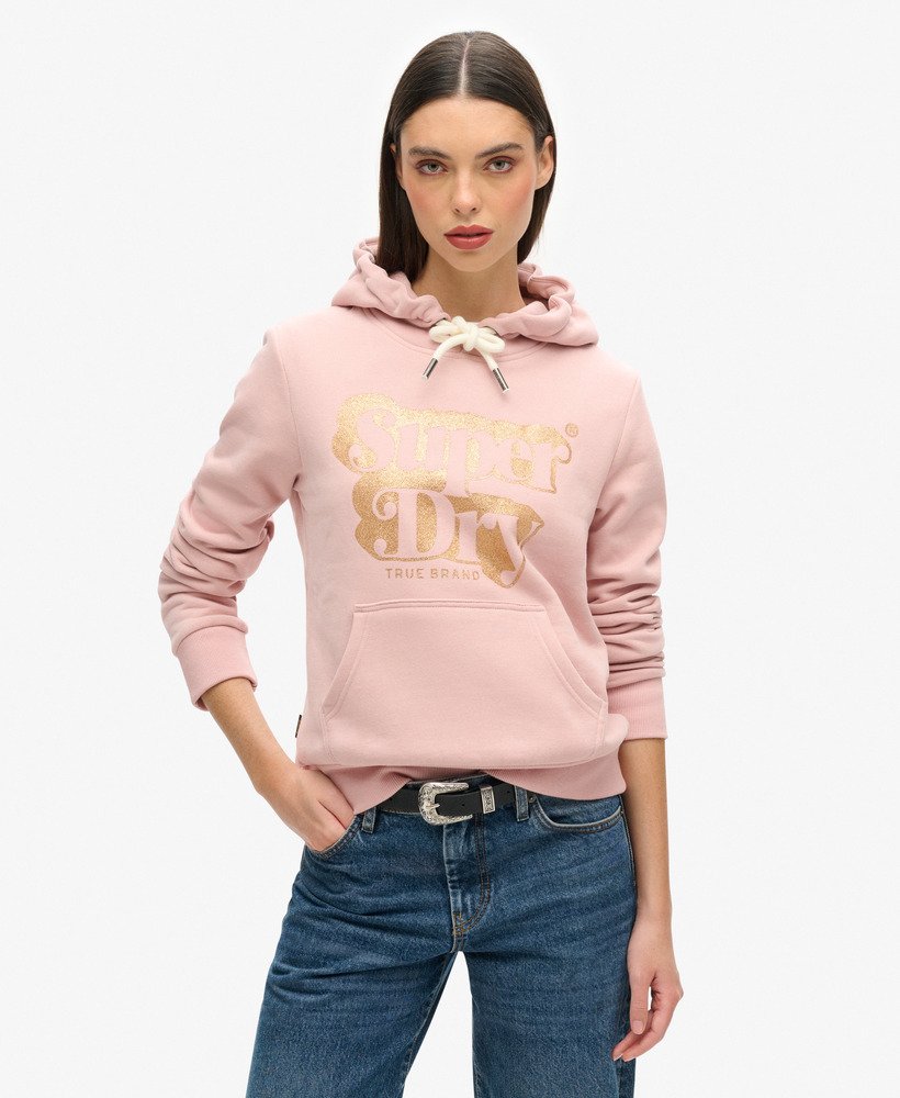 moletom com capuz e logo retrô com glitter em rosa blush vintage