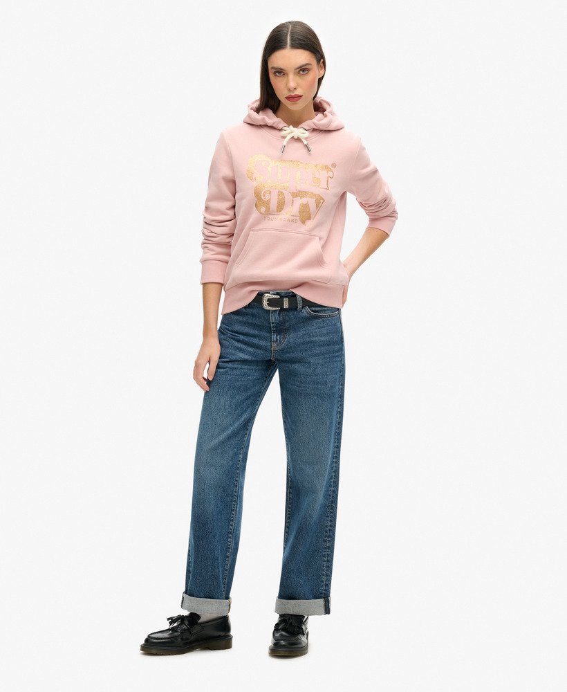 moletom com capuz e logo retrô com glitter em rosa blush vintage