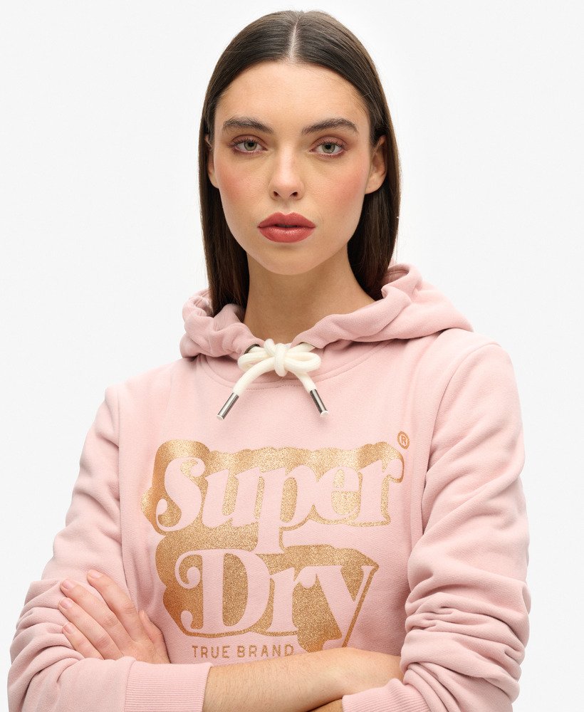 moletom com capuz e logo retrô com glitter em rosa blush vintage