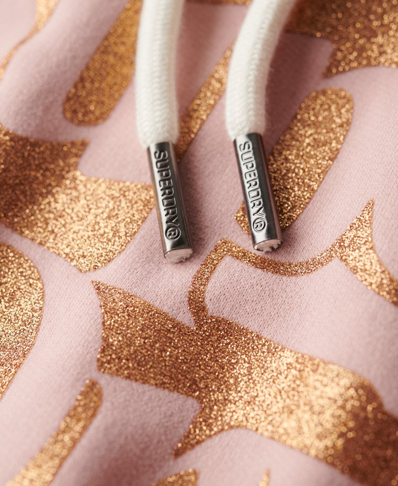 moletom com capuz e logo retrô com glitter em rosa blush vintage