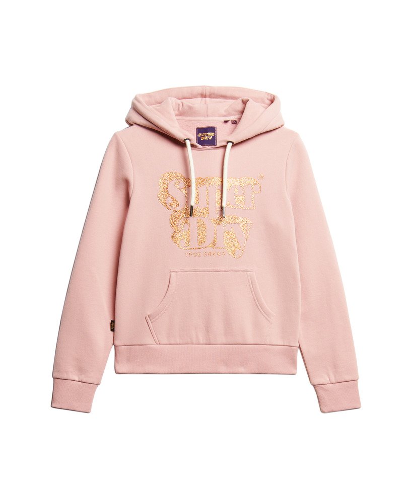 moletom com capuz e logo retrô com glitter em rosa blush vintage