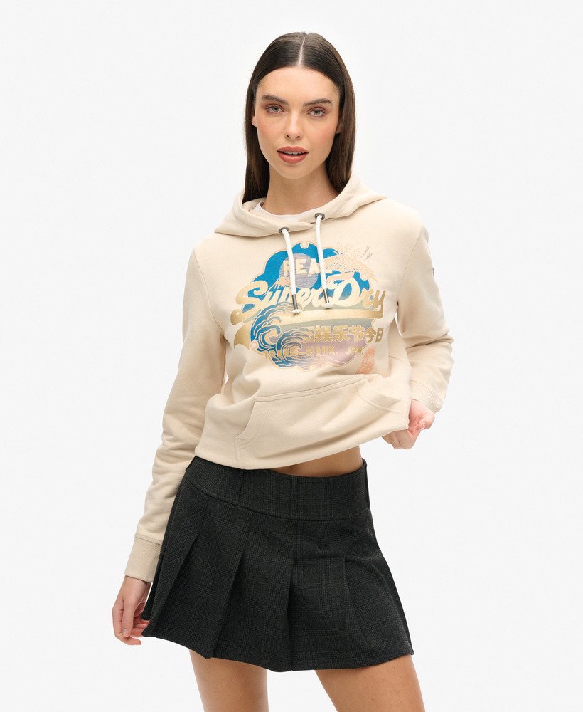 moletom com capuz itago com logo vintage na cor bege creme tapioca.