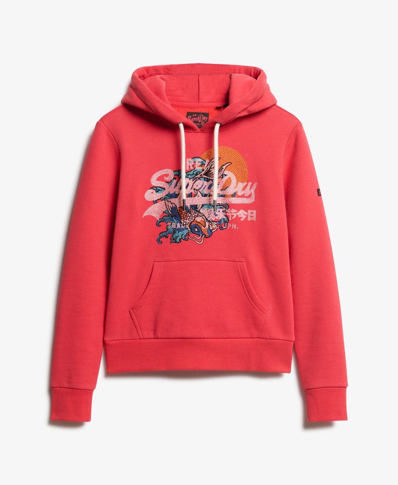 moletom com capuz tokyo vintage logo graphic na cor vermelho refrigerante