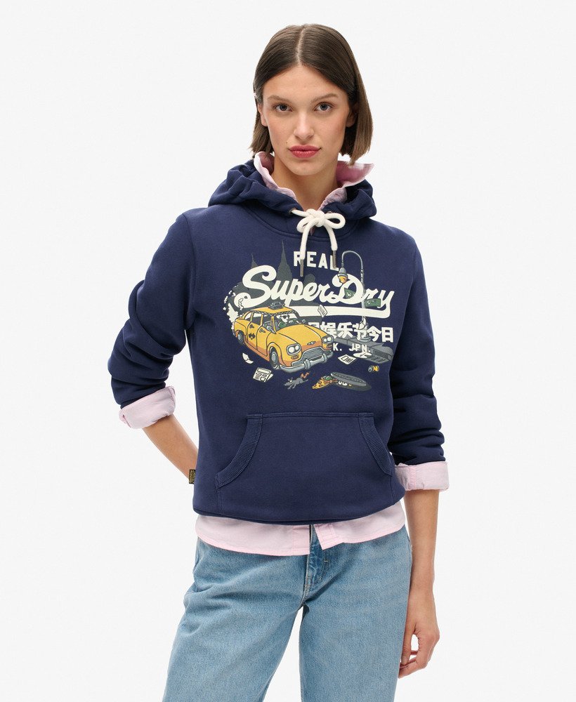 moletom com capuz e estampa do logo vintage de nova york na cor azul marinho intenso.