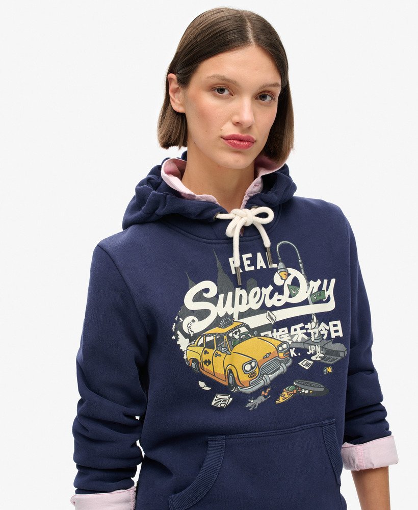 moletom com capuz e estampa do logo vintage de nova york na cor azul marinho intenso.