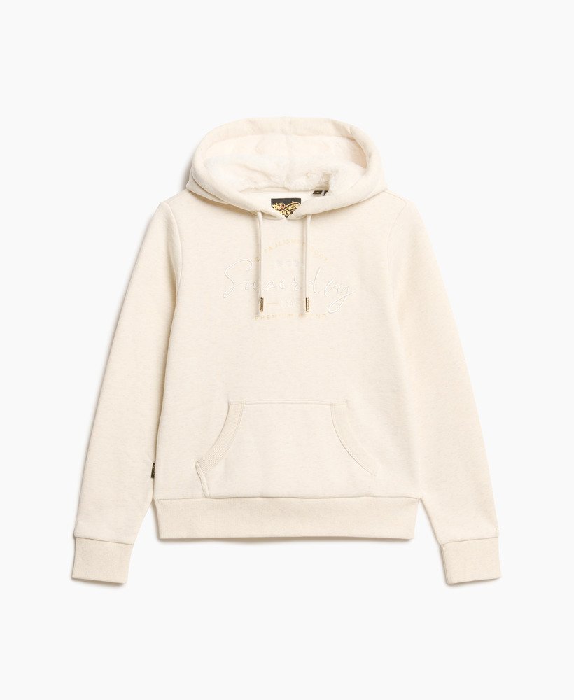 moletom com capuz luxuous metallic logo na cor oat cream mescl