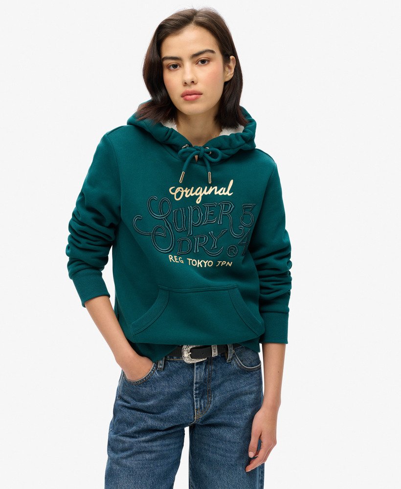 moletom com capuz luxe metallic logo na cor verde-azulado escuro.