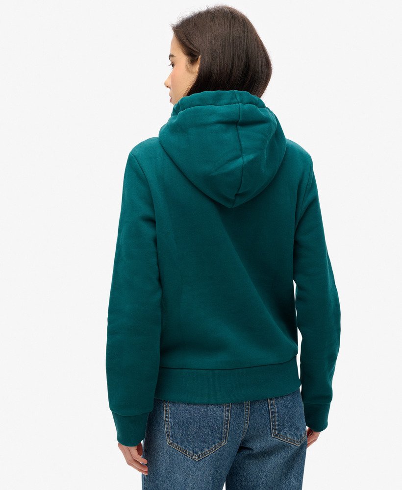 moletom com capuz luxe metallic logo na cor verde-azulado escuro.