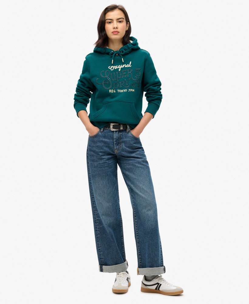 moletom com capuz luxe metallic logo na cor verde-azulado escuro.