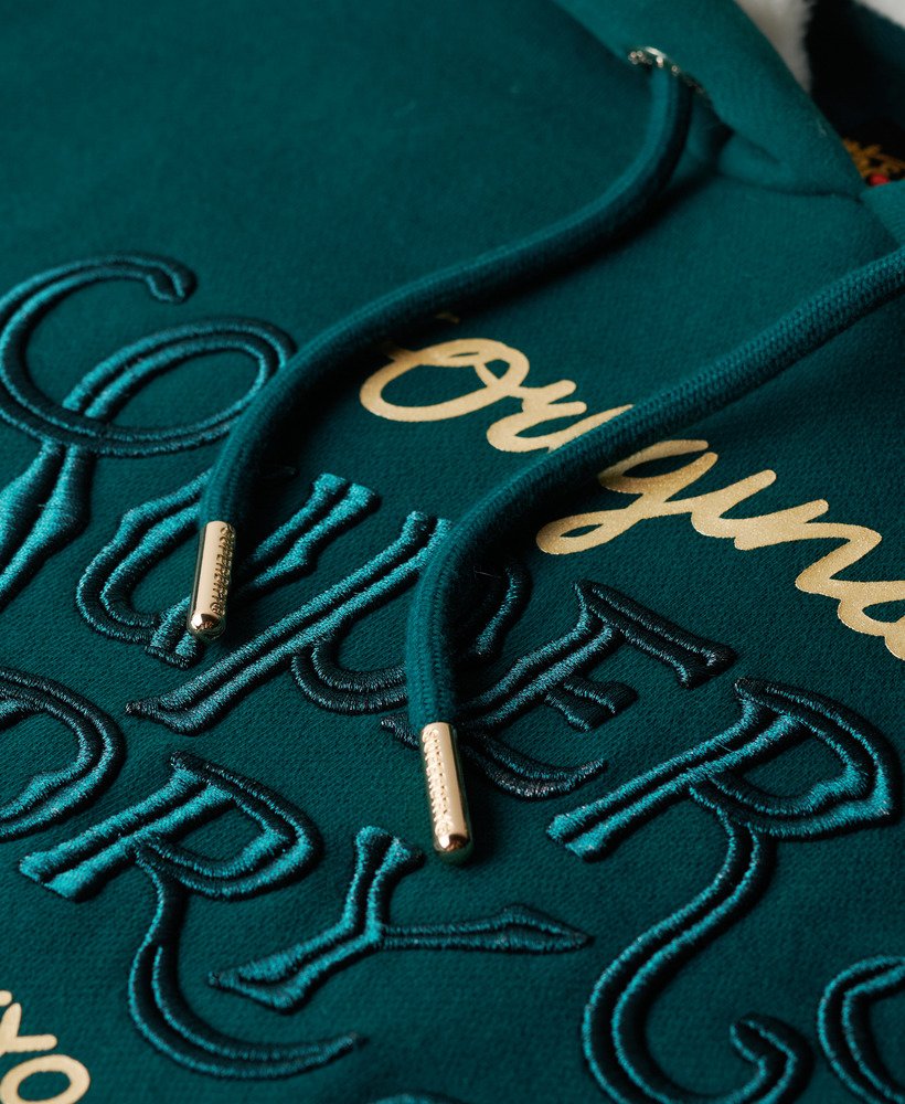 moletom com capuz luxe metallic logo na cor verde-azulado escuro.