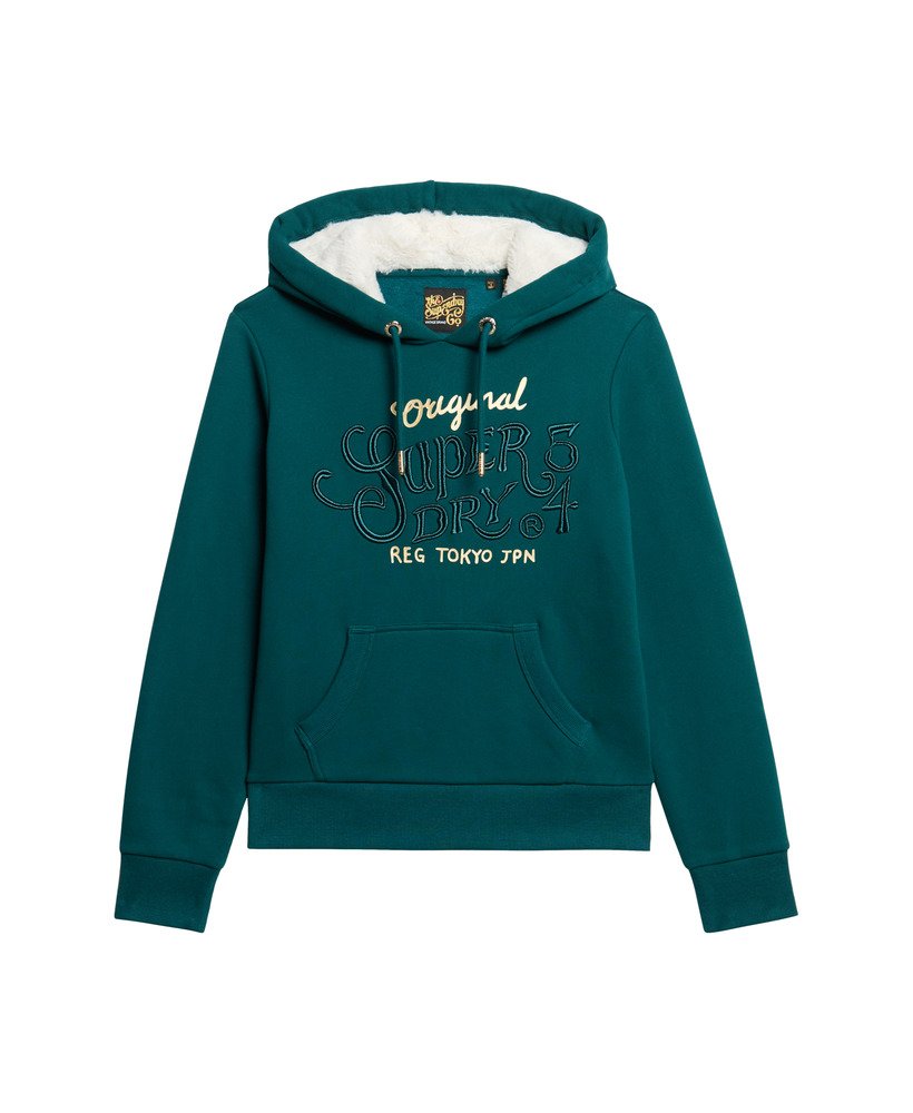 moletom com capuz luxe metallic logo na cor verde-azulado escuro.