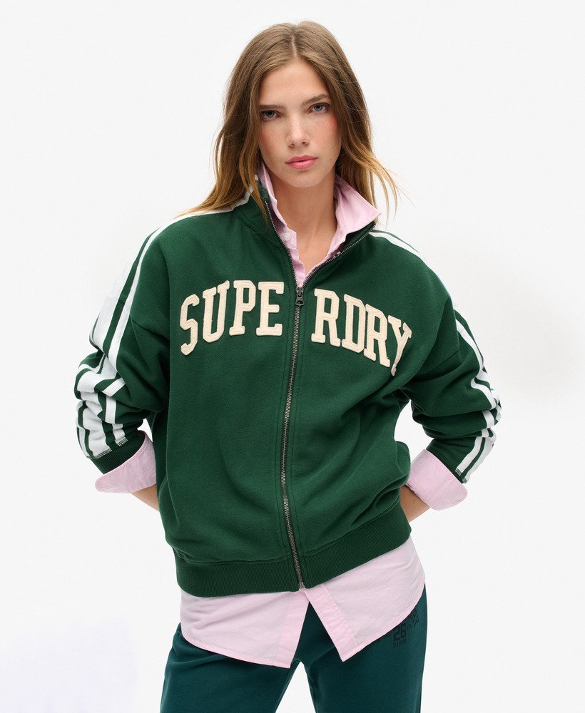 jaqueta esportiva folgada com zíper e apliques da athletic essentials na cor verde esmalte.