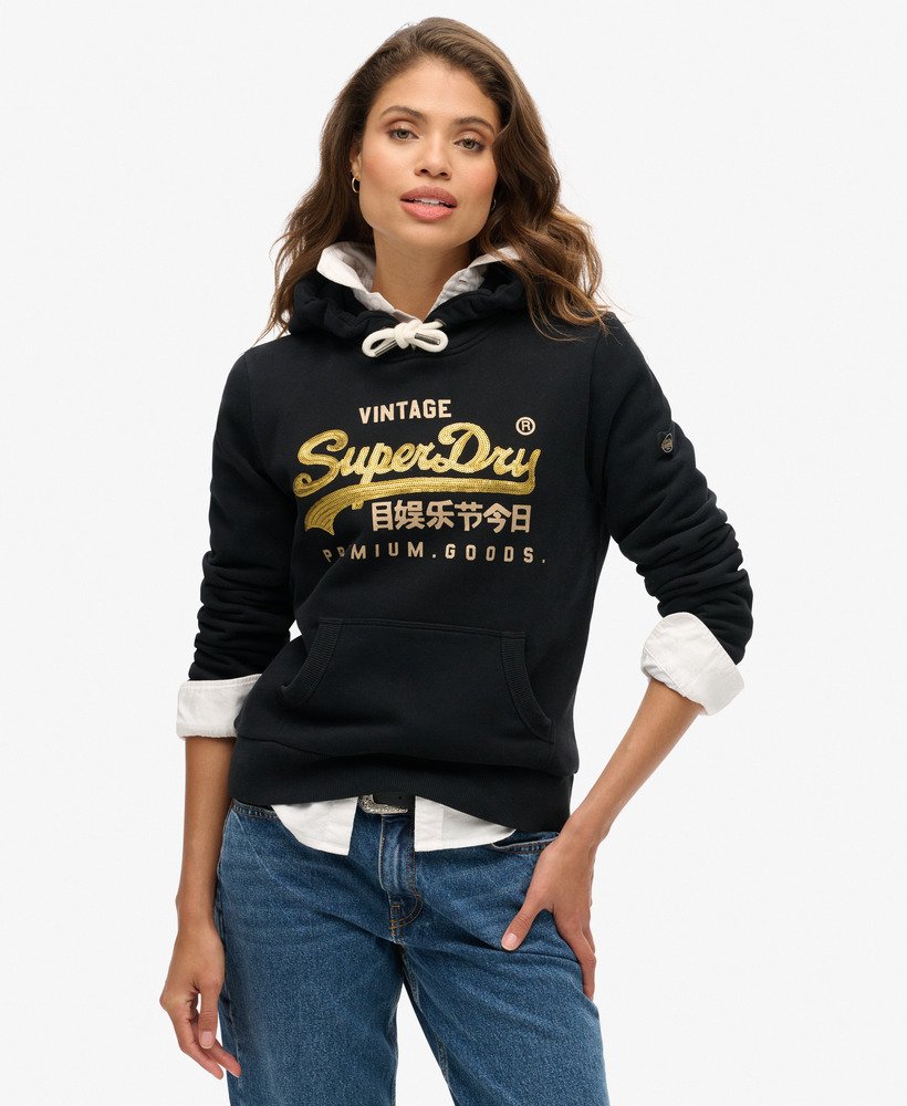 moletom com capuz e estampa vintage com logo bordado na cor preto jato