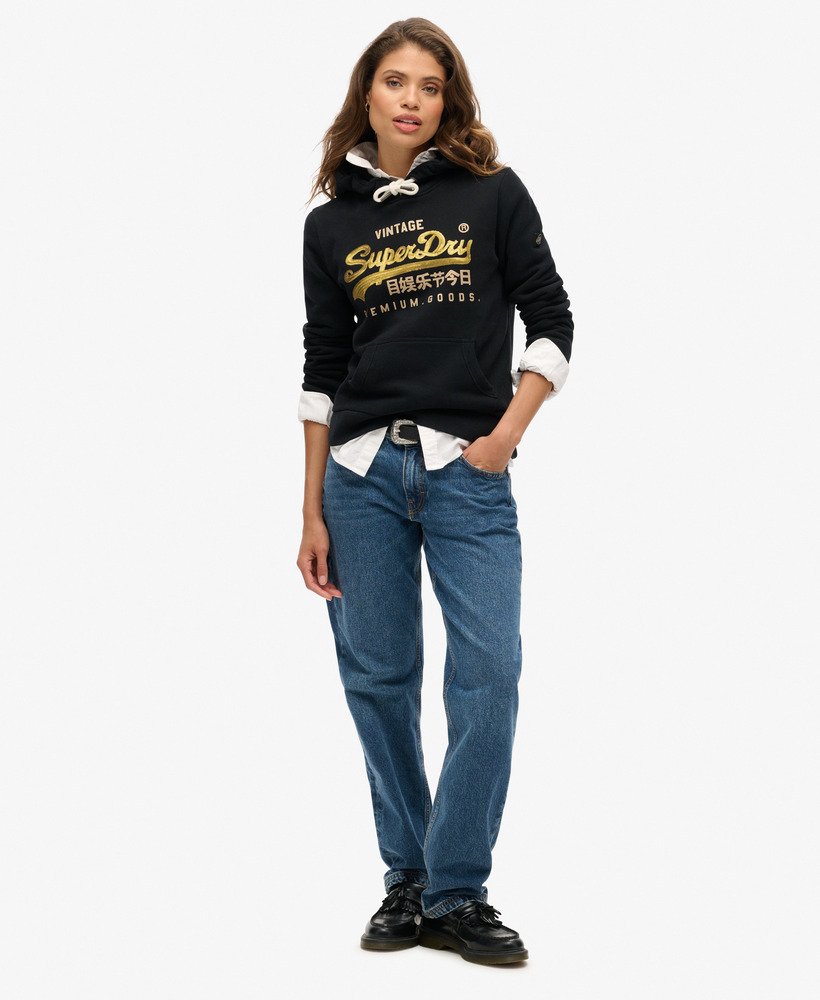 moletom com capuz e estampa vintage com logo bordado na cor preto jato
