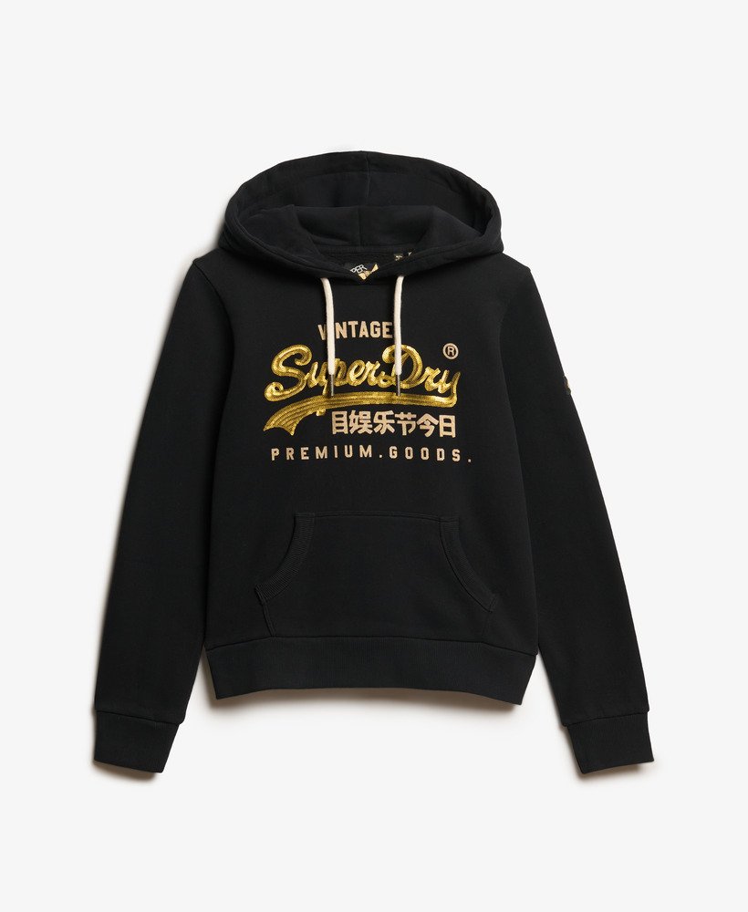 moletom com capuz e estampa vintage com logo bordado na cor preto jato