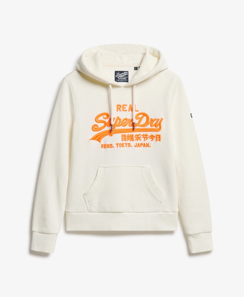 moletom com capuz e estampa bordada com logo vintage neon na cor branco inverno