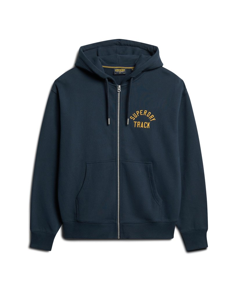 moletom com capuz e zíper estilo namorado com logo universitário em azul marinho.