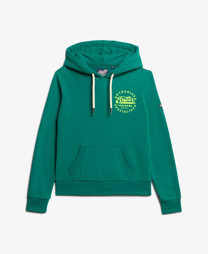 moletom com capuz e estampa bordada em neon na cor verde tempestade.