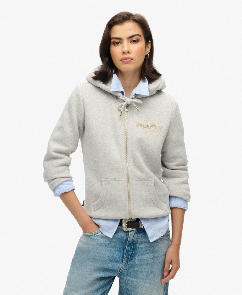 moletom com zíper e logo metálico luxe metallic na cor bege mesclado pedra-pomes
