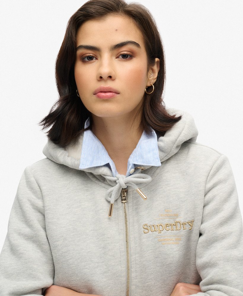 moletom com zíper e logo metálico luxe metallic na cor bege mesclado pedra-pomes