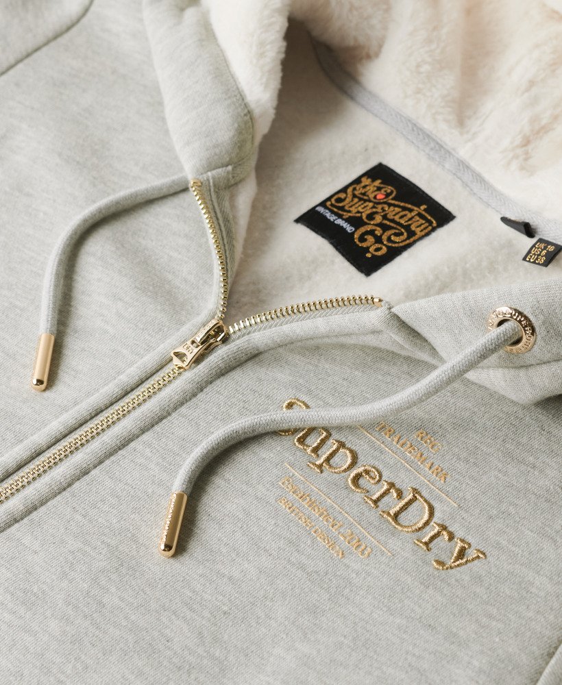 moletom com zíper e logo metálico luxe metallic na cor bege mesclado pedra-pomes