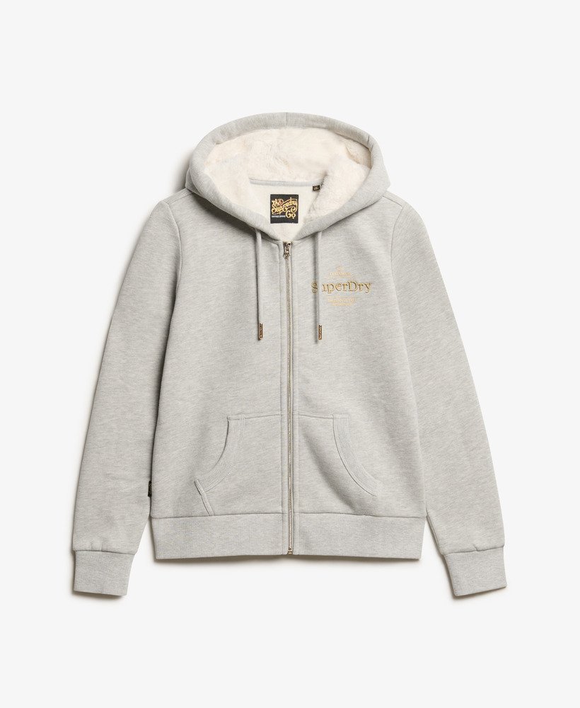 moletom com zíper e logo metálico luxe metallic na cor bege mesclado pedra-pomes