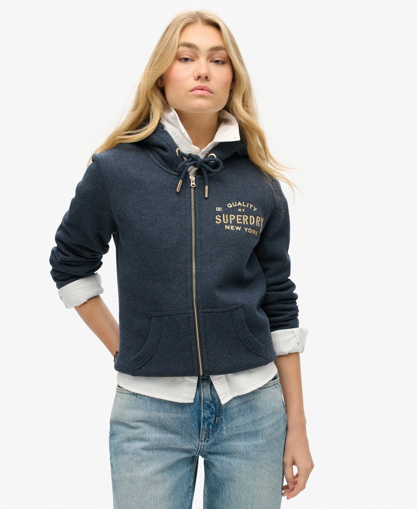 moletom com zíper e logo metálico luxe metallic logo na cor trench navy mescla.