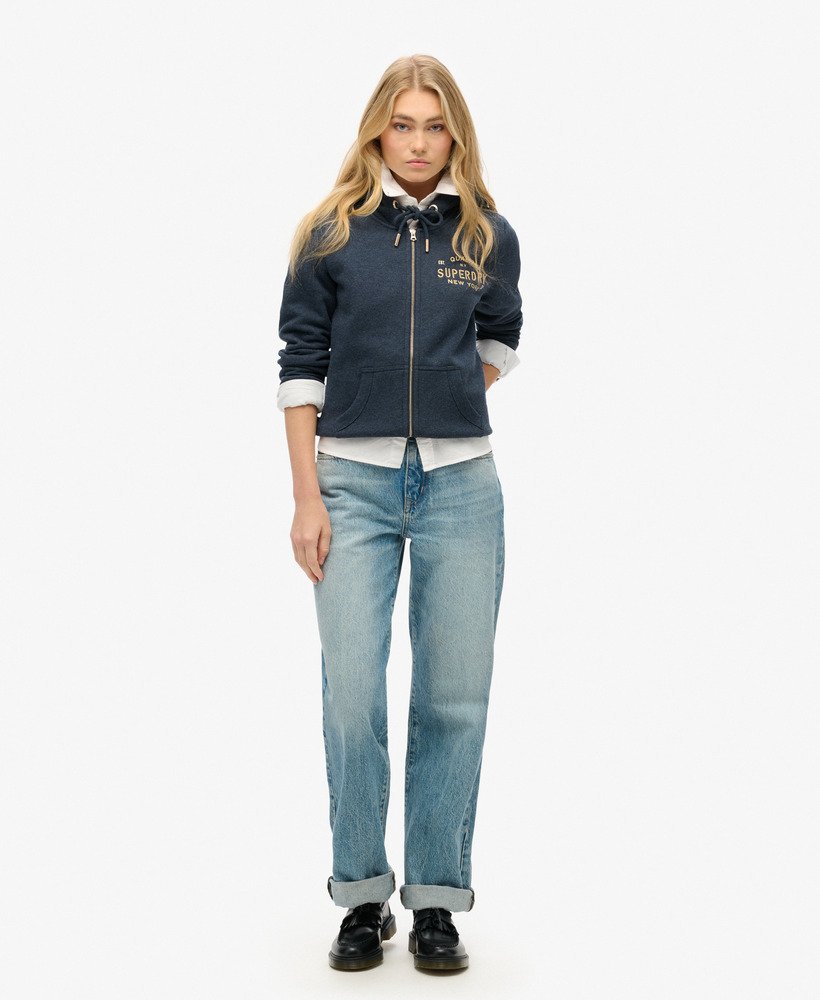 moletom com zíper e logo metálico luxe metallic logo na cor trench navy mescla.