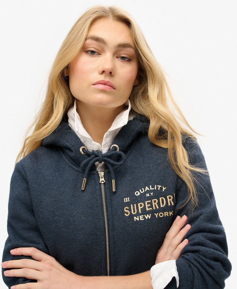 moletom com zíper e logo metálico luxe metallic logo na cor trench navy mescla.