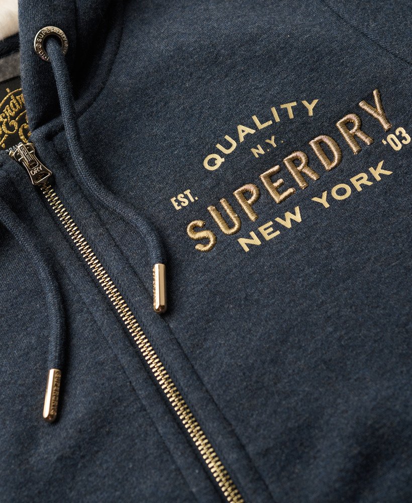 moletom com zíper e logo metálico luxe metallic logo na cor trench navy mescla.