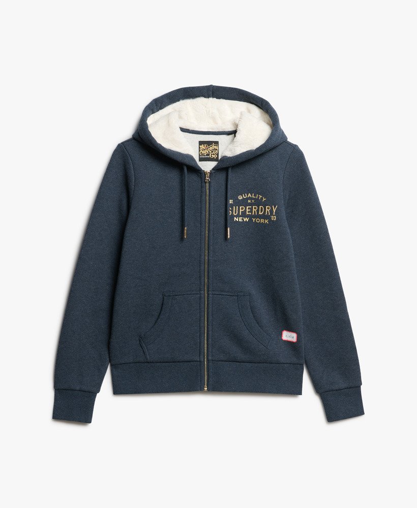 moletom com zíper e logo metálico luxe metallic logo na cor trench navy mescla.