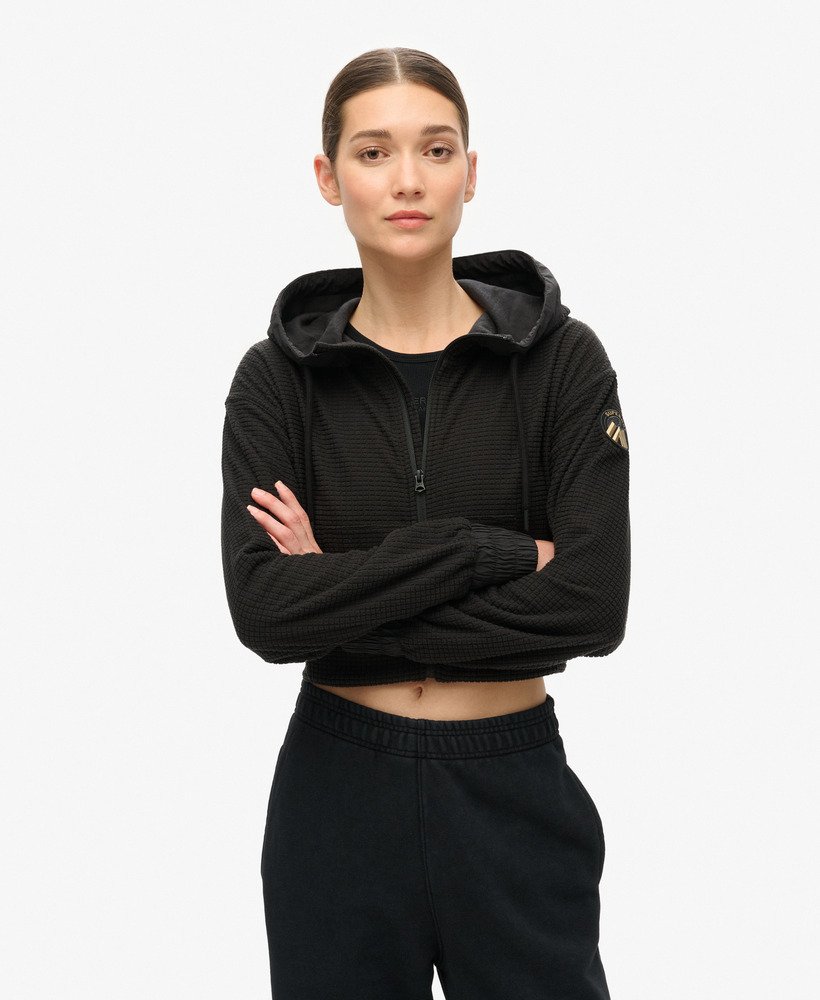casaco com capuz e zíper sport tech grid fleece na cor preta.