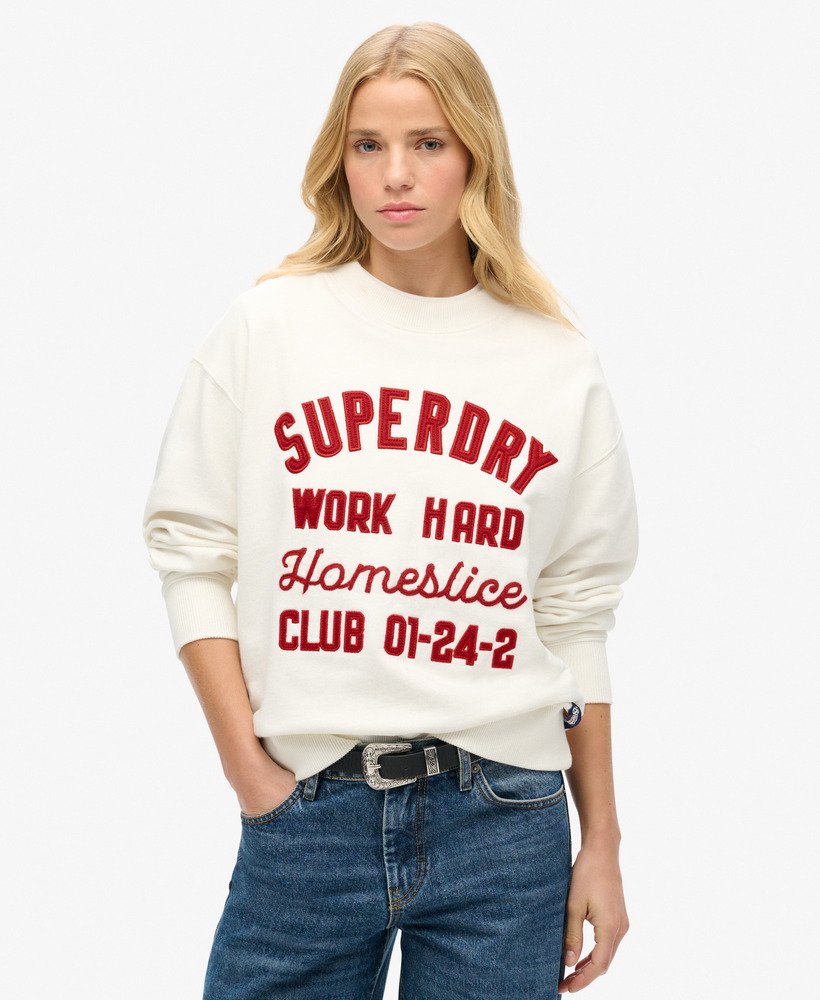 suéter workwear bordado de gola redonda estilo solto na cor branco off-white.