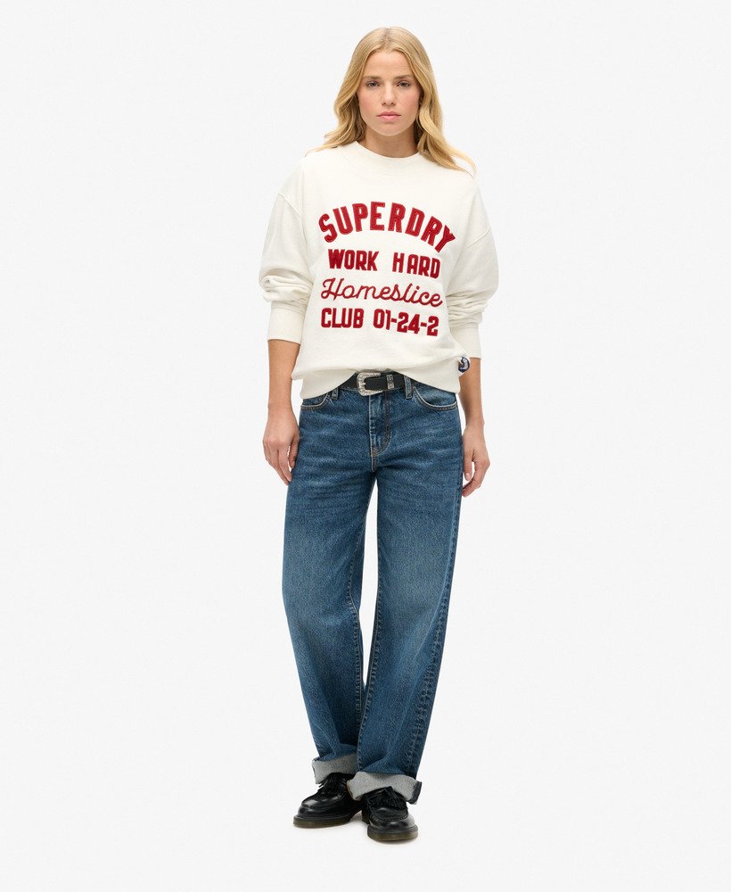 suéter workwear bordado de gola redonda estilo solto na cor branco off-white.