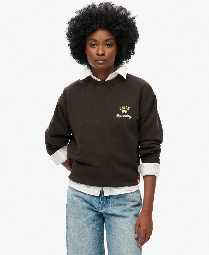 suéter workwear bordado de gola redonda modelo solto na cor bison black