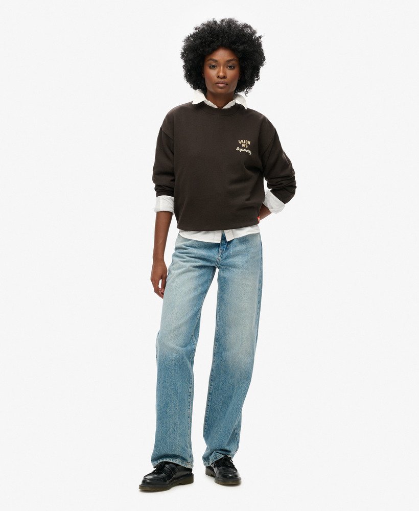 suéter workwear bordado de gola redonda modelo solto na cor bison black