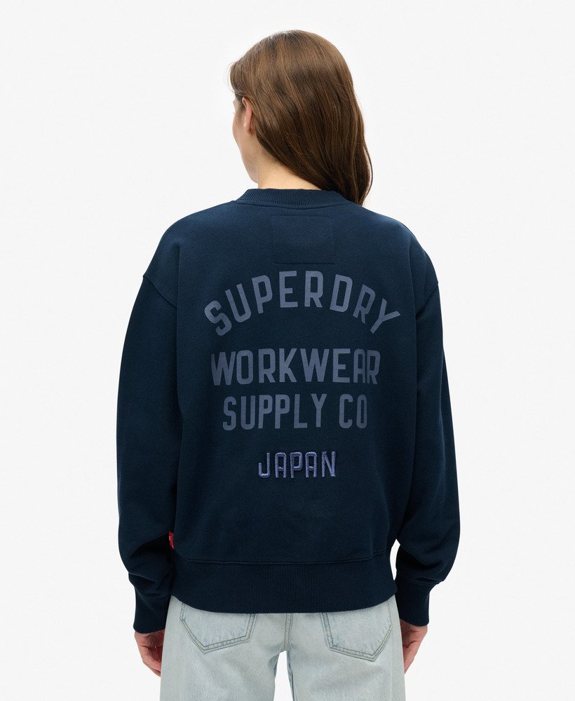 suéter workwear bordado caimento solto gola redonda na cor azul marinho mais intenso