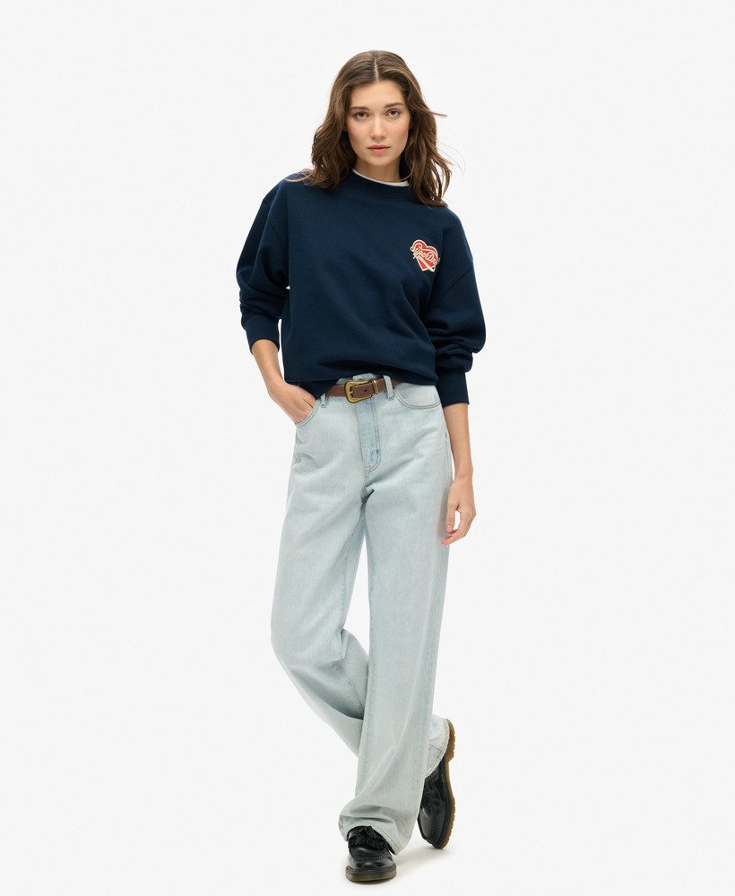 suéter workwear bordado caimento solto gola redonda na cor azul marinho mais intenso