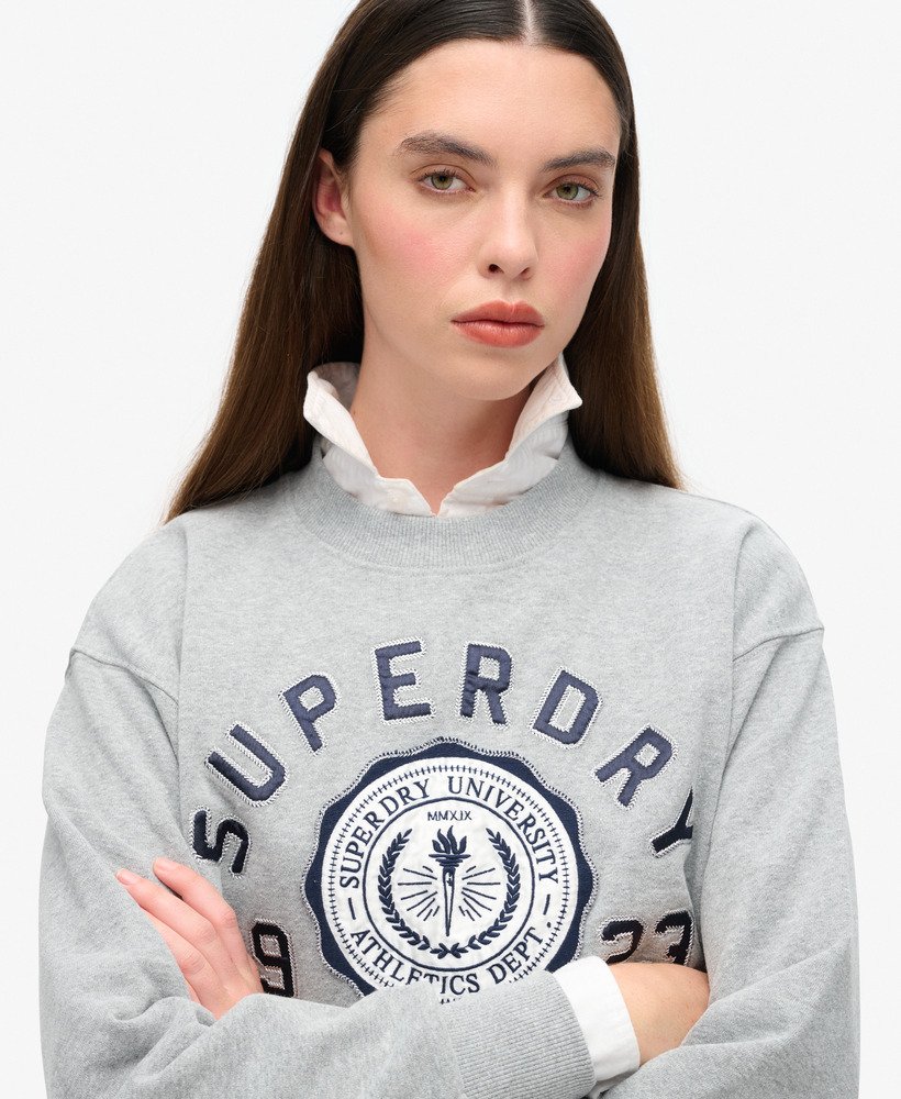 moletom folgado college script em cinza mesclado