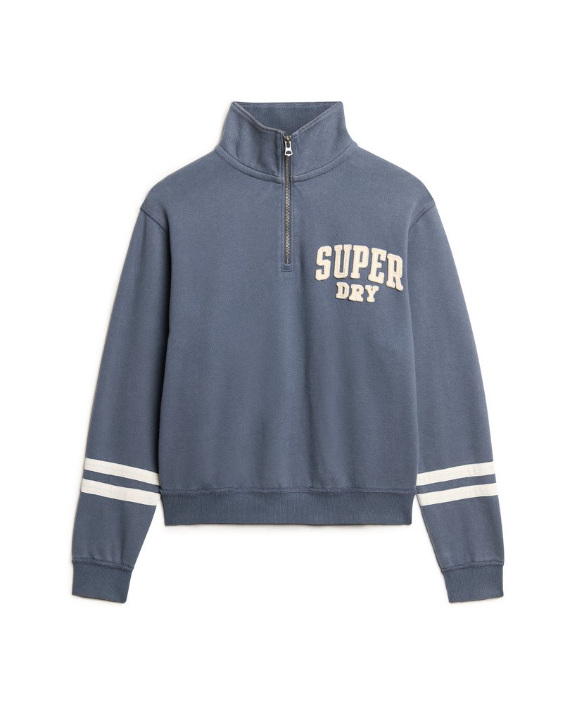 moletom athletic essentials com meio zíper e apliques na cor azul marinho.