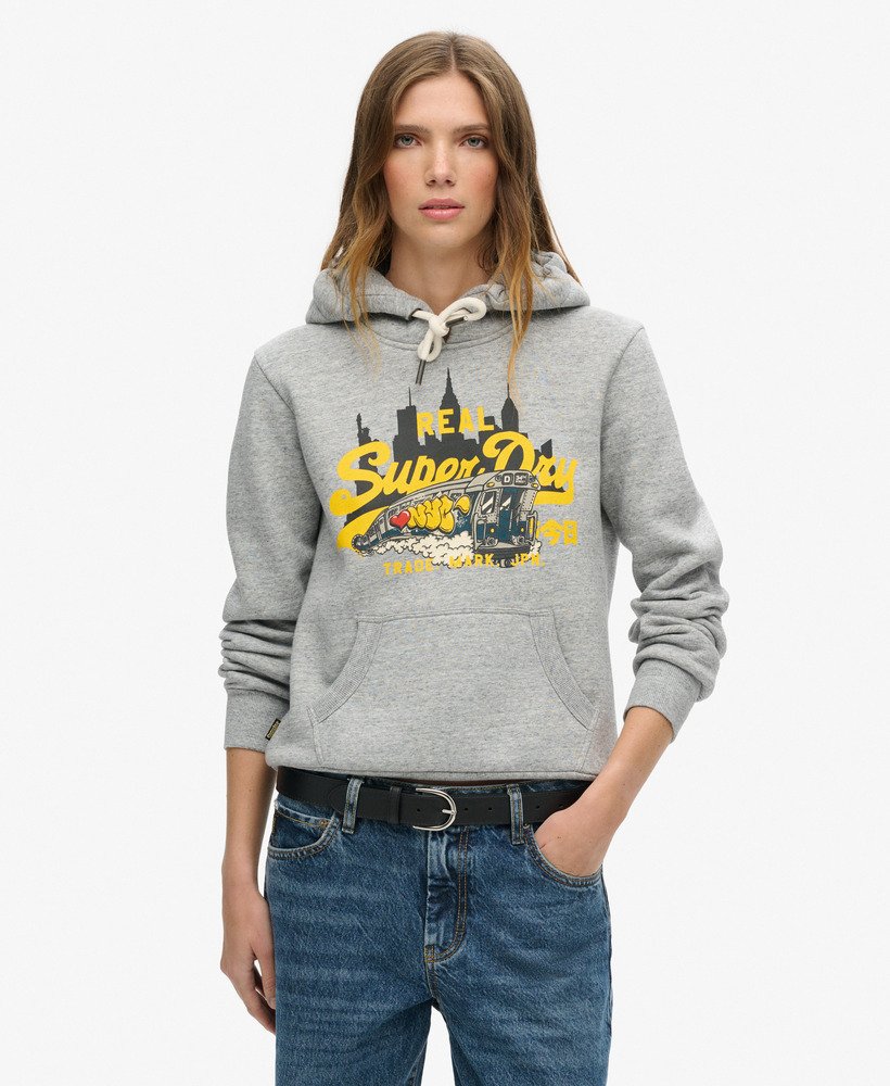 moletom com capuz e estampa do logo vintage de nova york na cor cinza mesclado.