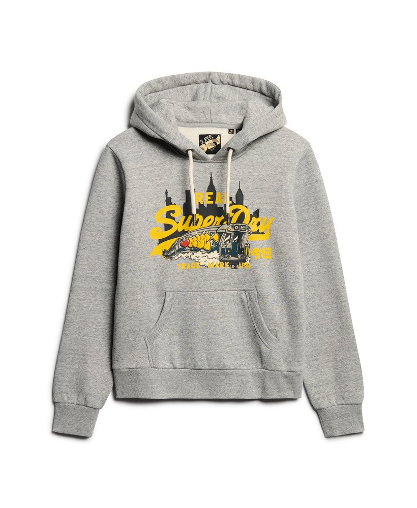 moletom com capuz e estampa do logo vintage de nova york na cor cinza mesclado.