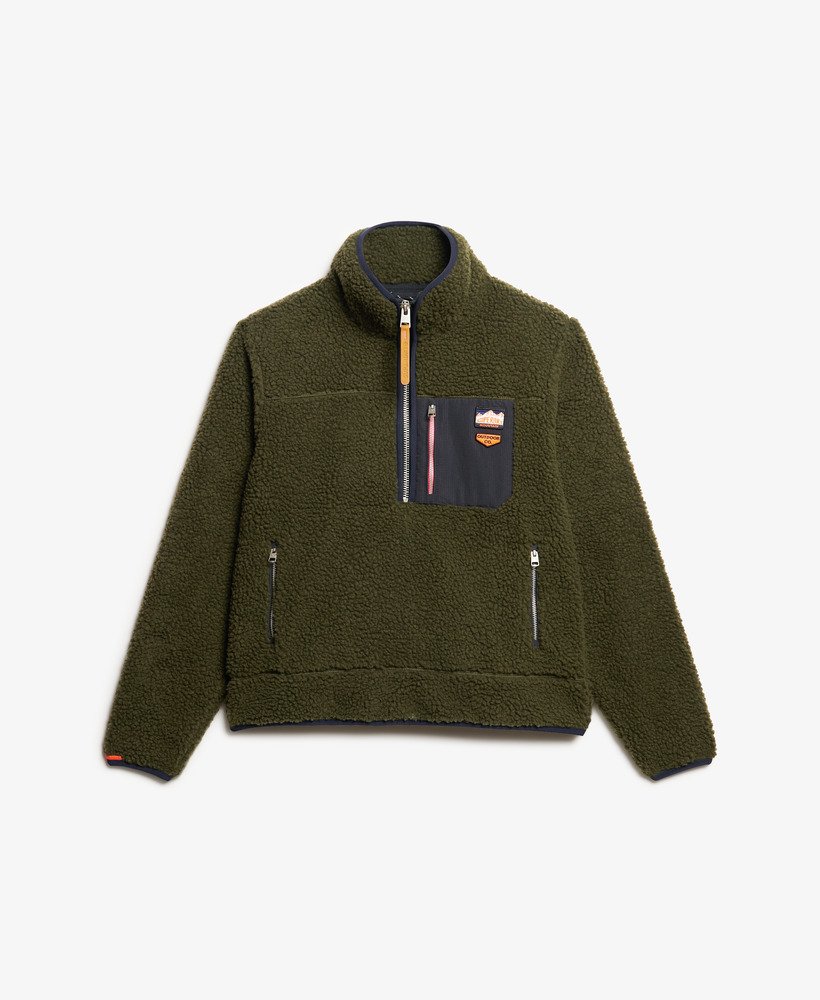 suéter de lã vintage retrô com meio zíper na cor verde cáqui militar.