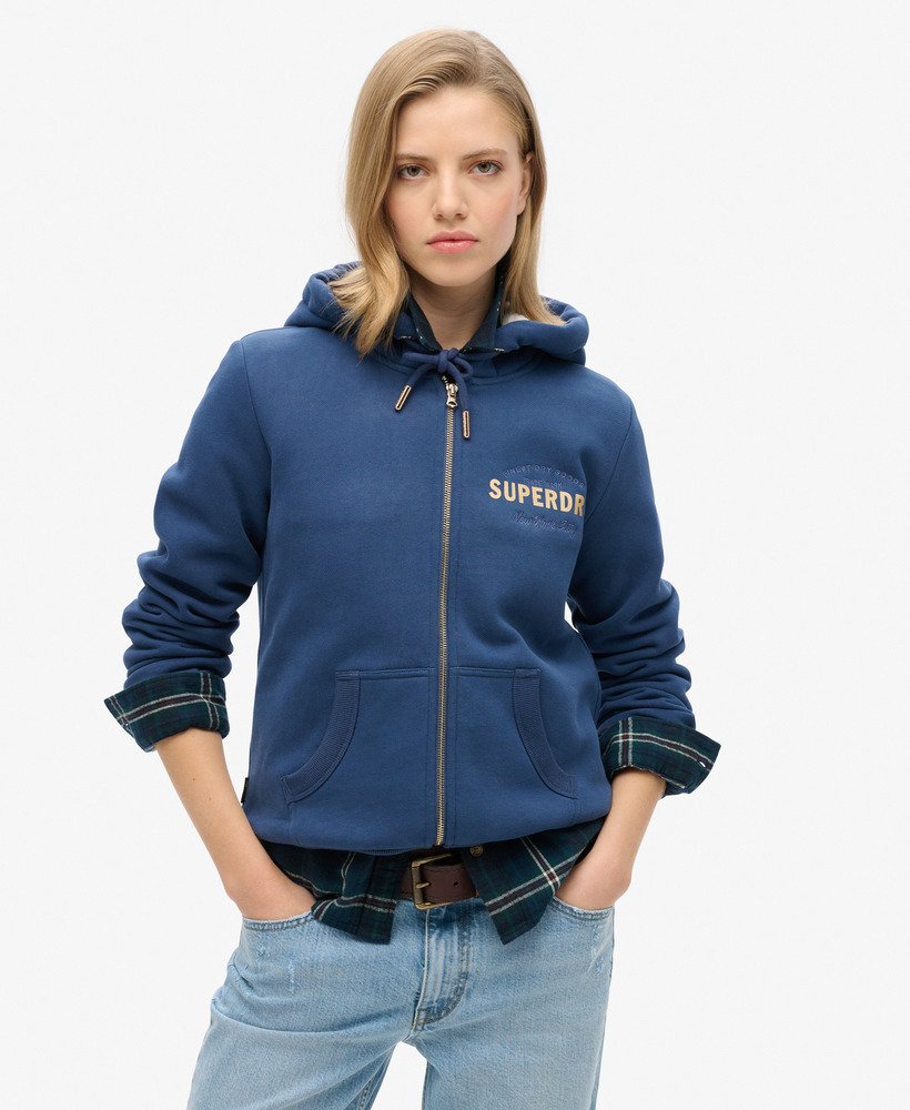 moletom com zíper e logo metálico luxe na cor azul-marinho sargasso