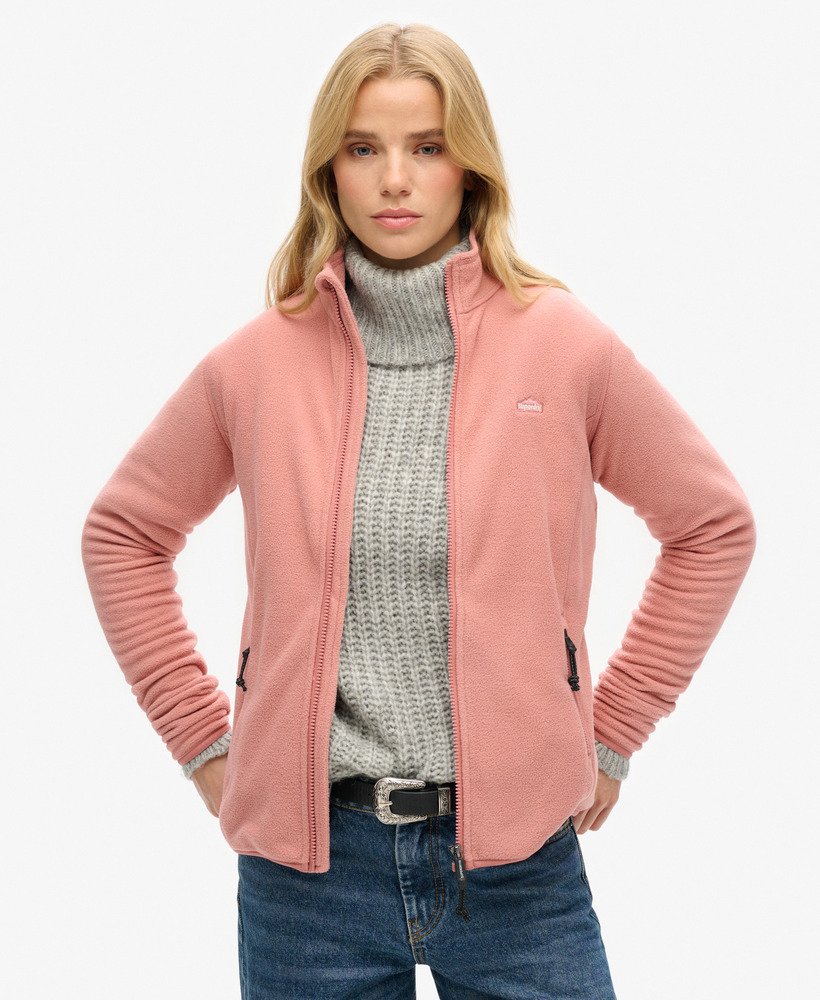 jaqueta de lã polar com zíper frontal completo na cor rosa acinzentado